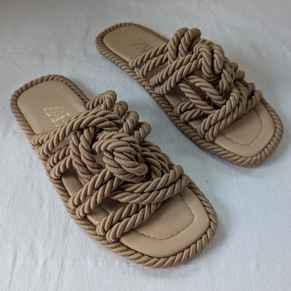 Zara Rope Knot Slide Sandals Nautical Old Money Preppy Neutral - Picture 1 of 10